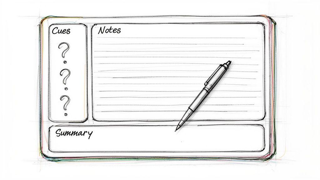 A hand-drawn illustration of a Cornell Notes page with sections for cues, notes, and summary, featuring a pen.