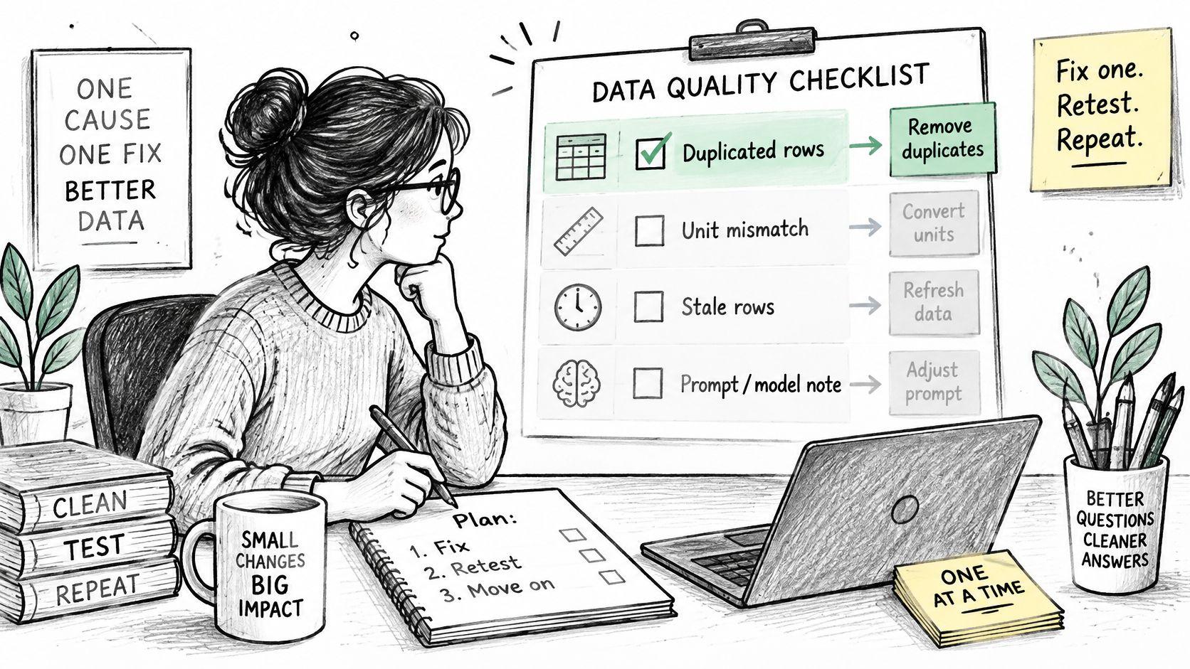 A woman sketching a data quality checklist with a plan to improve data accuracy at her desk.