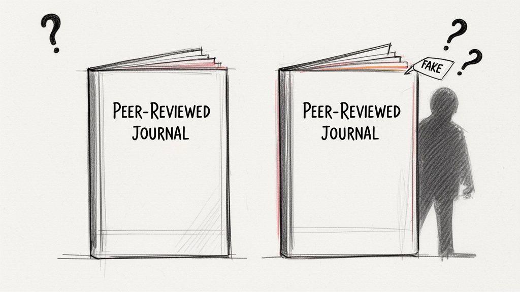 A pencil sketch comparing a genuine peer-reviewed journal to a fake one with a suspicious person hiding.