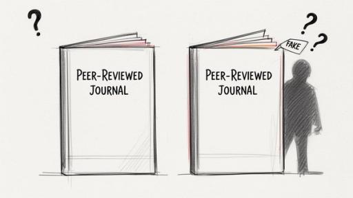 A pencil sketch comparing a genuine peer-reviewed journal to a fake one with a suspicious person hiding.