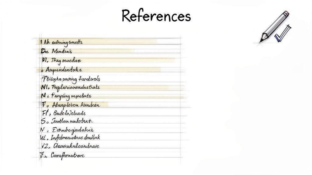 A handwritten list titled 'References' with multiple entries and a pencil illustration on a white background.