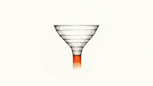 A hand-drawn illustration of a multi-layered funnel with a red and orange spout on a white background.