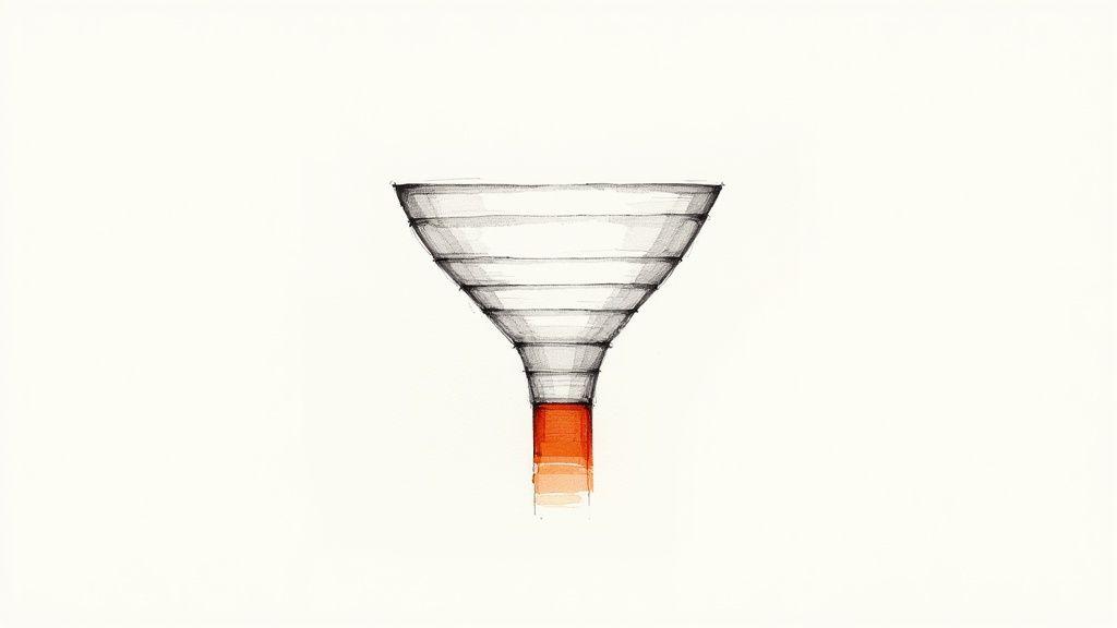 A hand-drawn illustration of a multi-layered funnel with a red and orange spout on a white background.