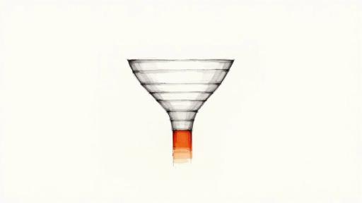 A hand-drawn illustration of a multi-layered funnel with a red and orange spout on a white background.