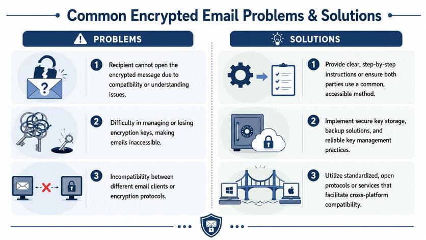 An infographic illustrating three common encrypted email problems and their corresponding practical solutions for secure communication.