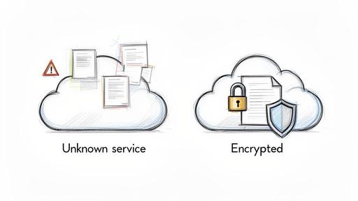A visual comparison of an unsecured, unknown cloud service versus a secure, encrypted cloud service with a padlock.