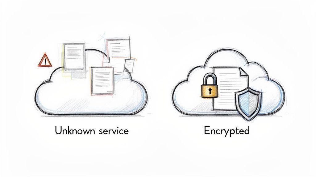 A visual comparison of an unsecured, unknown cloud service versus a secure, encrypted cloud service with a padlock.
