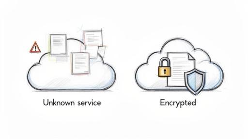 A visual comparison of an unsecured, unknown cloud service versus a secure, encrypted cloud service with a padlock.