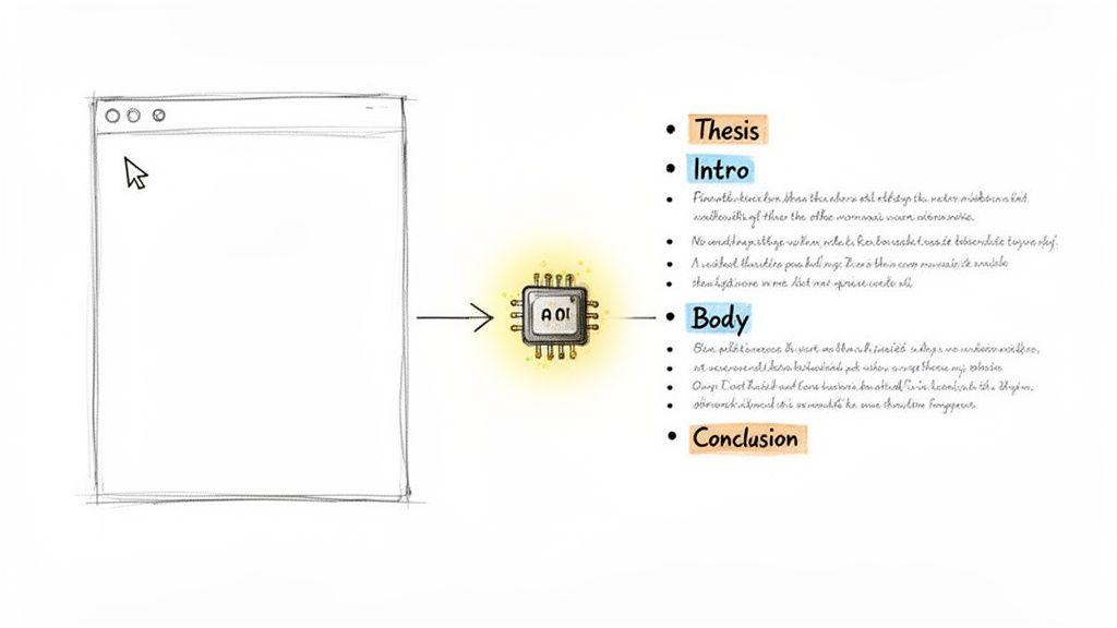 An AI chip processes digital input from a browser to generate a structured essay outline with main sections.