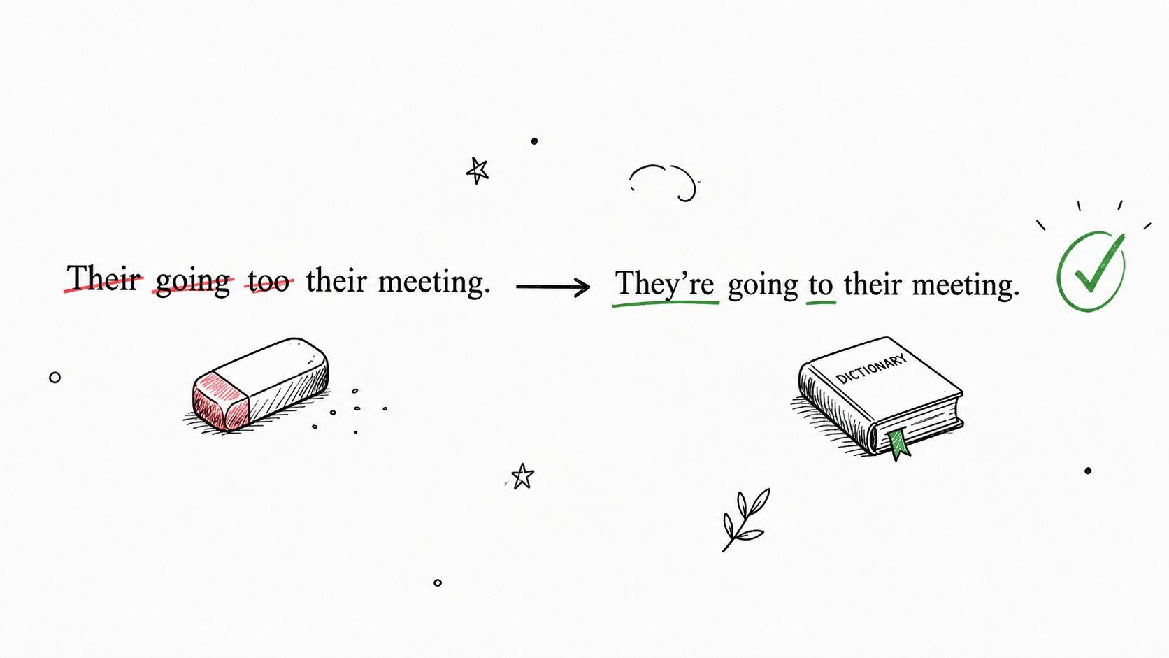 An illustration showing a grammatical correction from Their going too to They're going to their meeting.