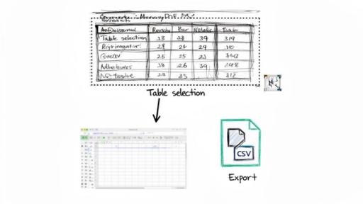 A diagram illustrating table selection from a document, converting handwritten data into a spreadsheet and CSV file.