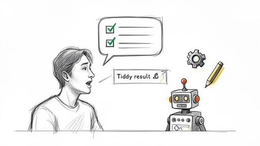 A man speaks to a robot, with thought bubbles indicating task completion and results.