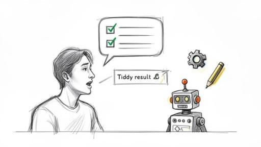 A man speaks to a robot, with thought bubbles indicating task completion and results.
