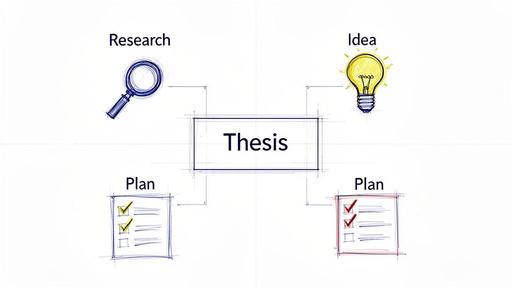 A diagram illustrates the thesis process, showing research and ideas leading to a thesis, then to two plans.