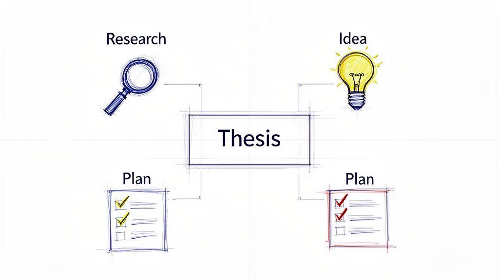 A diagram illustrates the thesis process, showing research and ideas leading to a thesis, then to two plans.