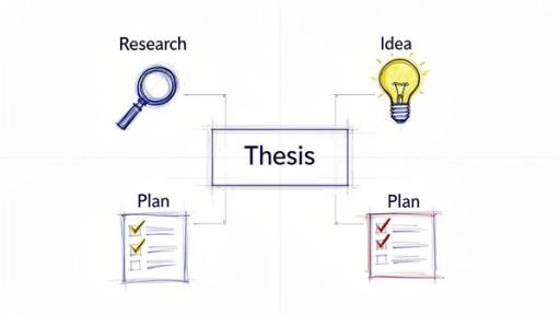 A diagram illustrates the thesis process, showing research and ideas leading to a thesis, then to two plans.