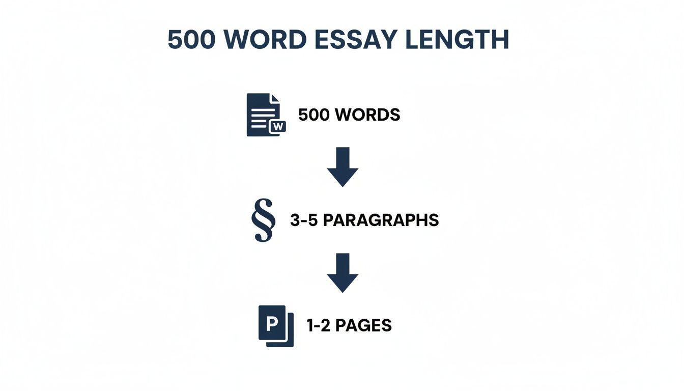 Infographic explaining 500-word essay length, equating to 3-5 paragraphs and 1-2 pages.