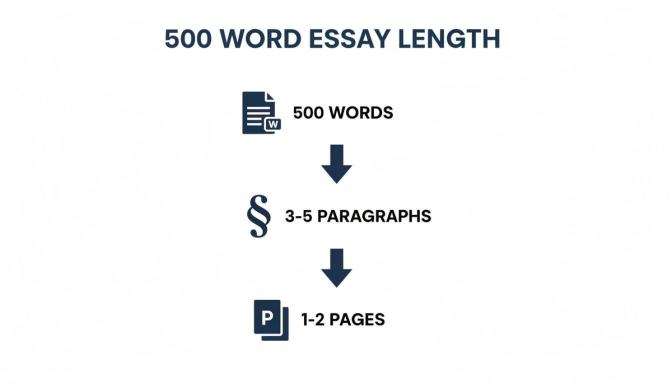 Infographic explaining 500-word essay length, equating to 3-5 paragraphs and 1-2 pages.