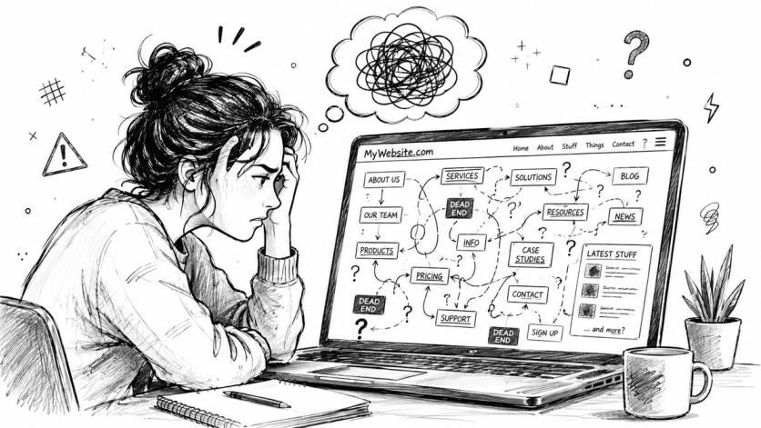 A frustrated person staring at a complex and confusing website architecture map on a laptop screen.