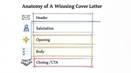 Diagram illustrating the anatomy of a winning cover letter with sections like Header, Salutation, Body, and Closing.