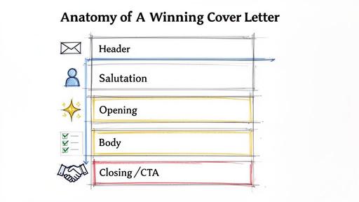 Diagram illustrating the anatomy of a winning cover letter with sections like Header, Salutation, Body, and Closing.