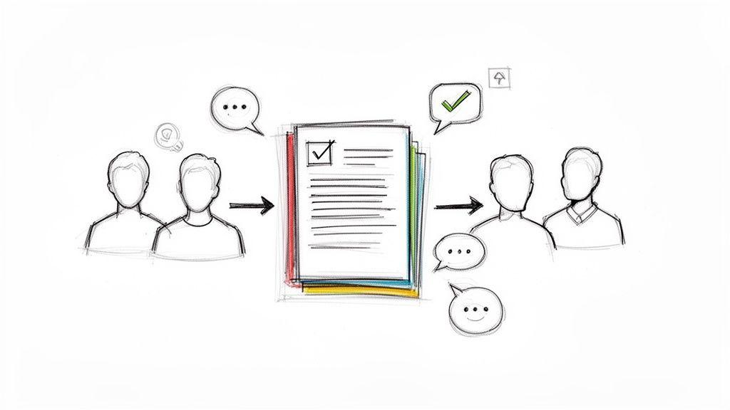 A sketch illustrating a workflow: ideas and discussion lead to a document, then further review and feedback.
