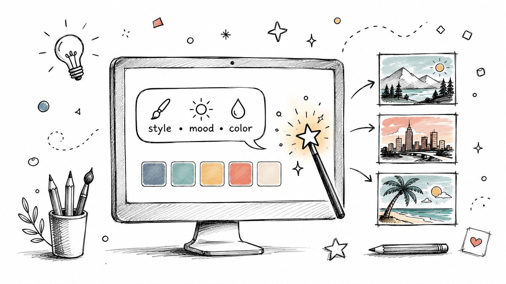 A hand-drawn illustration of a computer screen displaying design tools and generated images of landscapes.