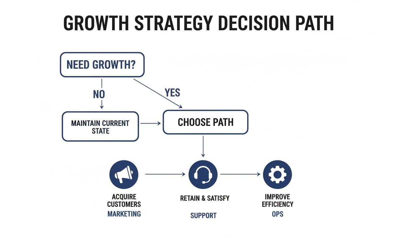 A growth strategy decision path flowchart, outlining options for customer acquisition, retention, and efficiency.