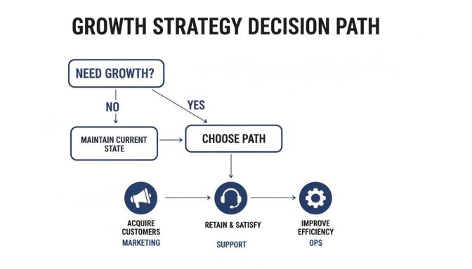 A growth strategy decision path flowchart, outlining options for customer acquisition, retention, and efficiency.