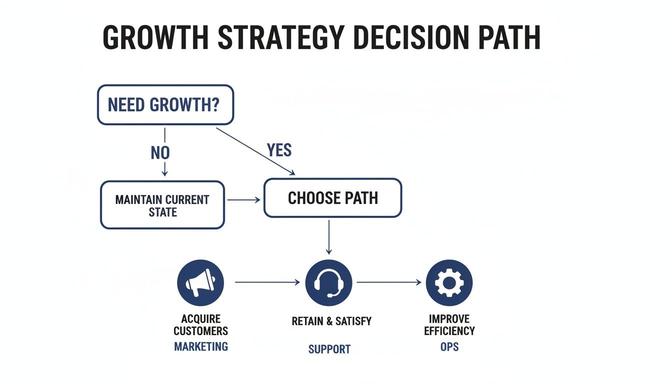 A growth strategy decision path flowchart, outlining options for customer acquisition, retention, and efficiency.