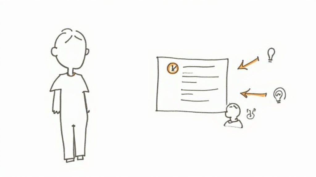 A person looks at a document with a checklist, as arrows from lightbulbs represent ideas influencing the plan.