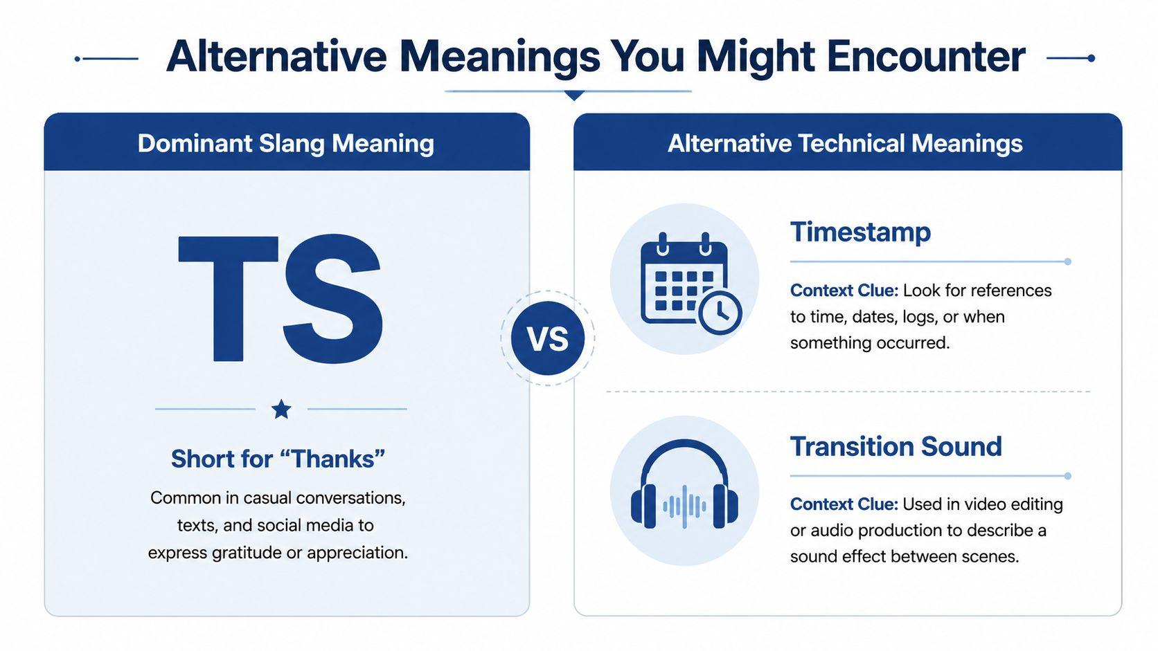 An infographic showing the slang meaning of TS as thanks versus technical meanings like timestamp or transition sound.