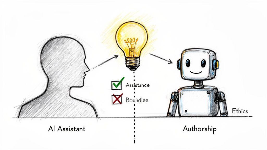 Diagram illustrating human-AI collaboration: human generates ideas, AI provides assistance, and human retains authorship.