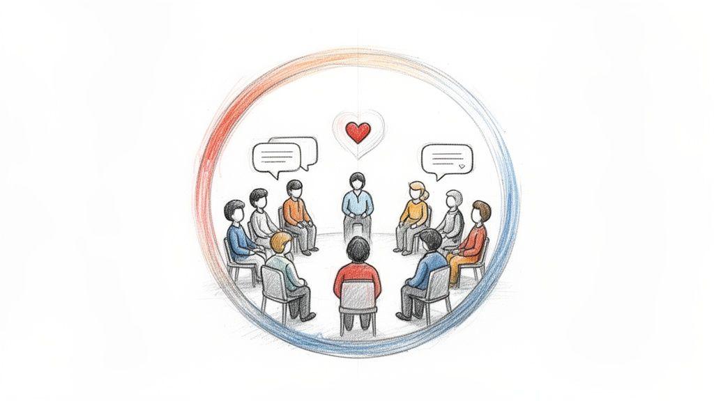 A diverse group of people sitting in a circle, discussing in a supportive therapy or meeting setting.