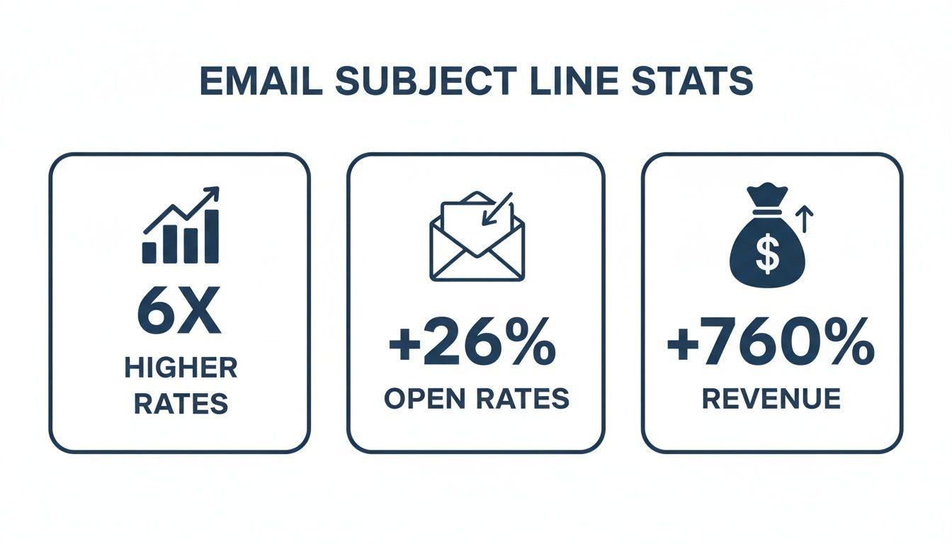Infographic showing email subject line statistics: 6x higher rates, 26% more open rates, and 760% more revenue.