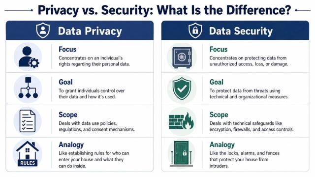 A comparison chart outlining the key differences between data privacy and data security in business operations.