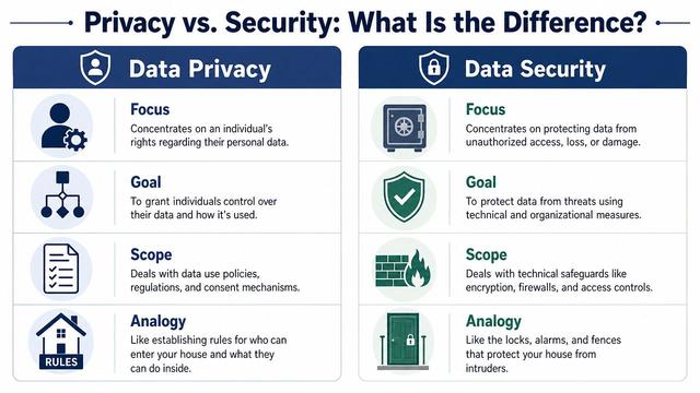 A comparison chart outlining the key differences between data privacy and data security in business operations.