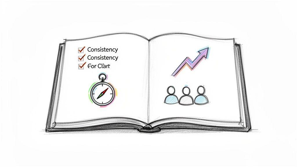A hand-drawn open book illustrating principles with a checklist, compass, growth arrow, and three people.