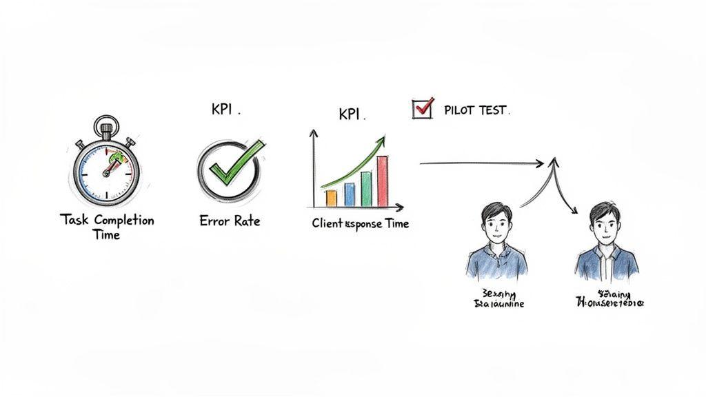 Illustrative image showing KPIs for task completion, error rate, client response time, and a pilot test involving two individuals.
