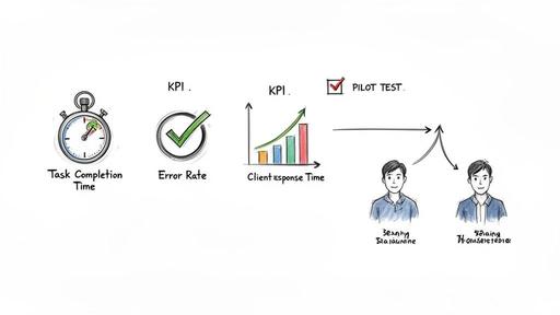 Illustrative image showing KPIs for task completion, error rate, client response time, and a pilot test involving two individuals.