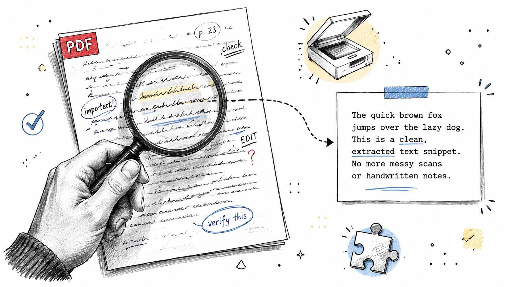 A hand using a magnifying glass to extract clean text from a messy PDF document scan.