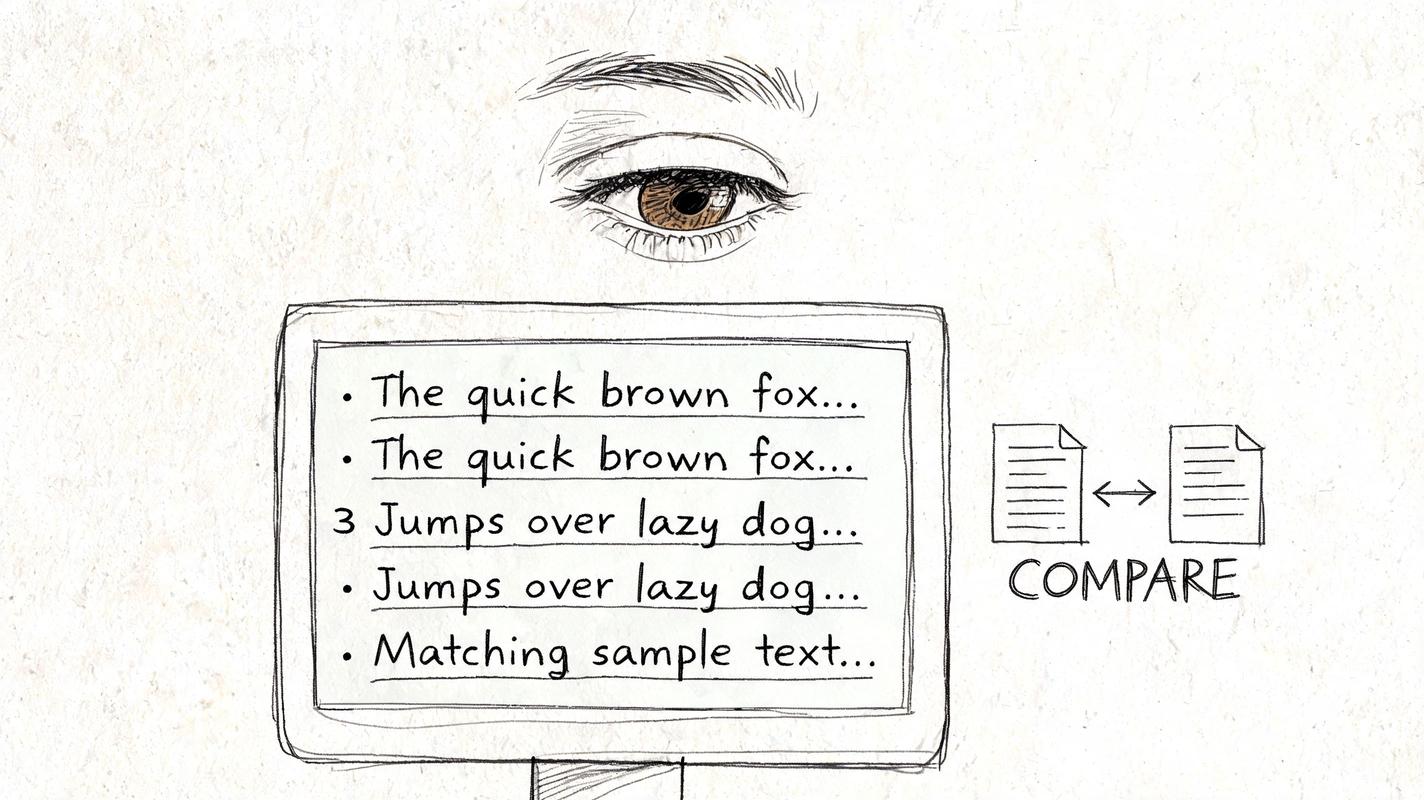 A hand-drawn illustration showing an eye watching a list of text samples with a document comparison icon.
