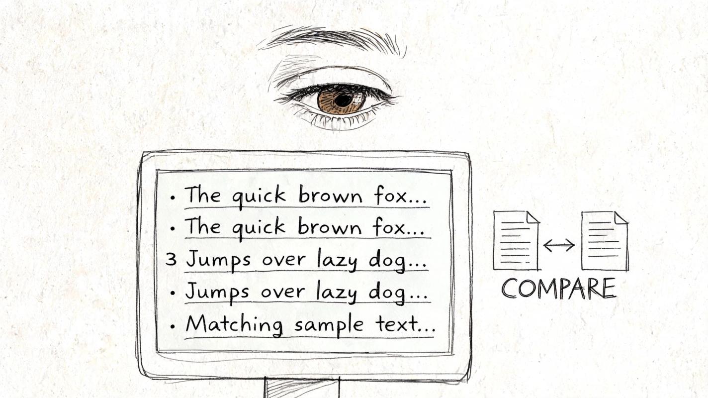A hand-drawn illustration showing an eye watching a list of text samples with a document comparison icon.