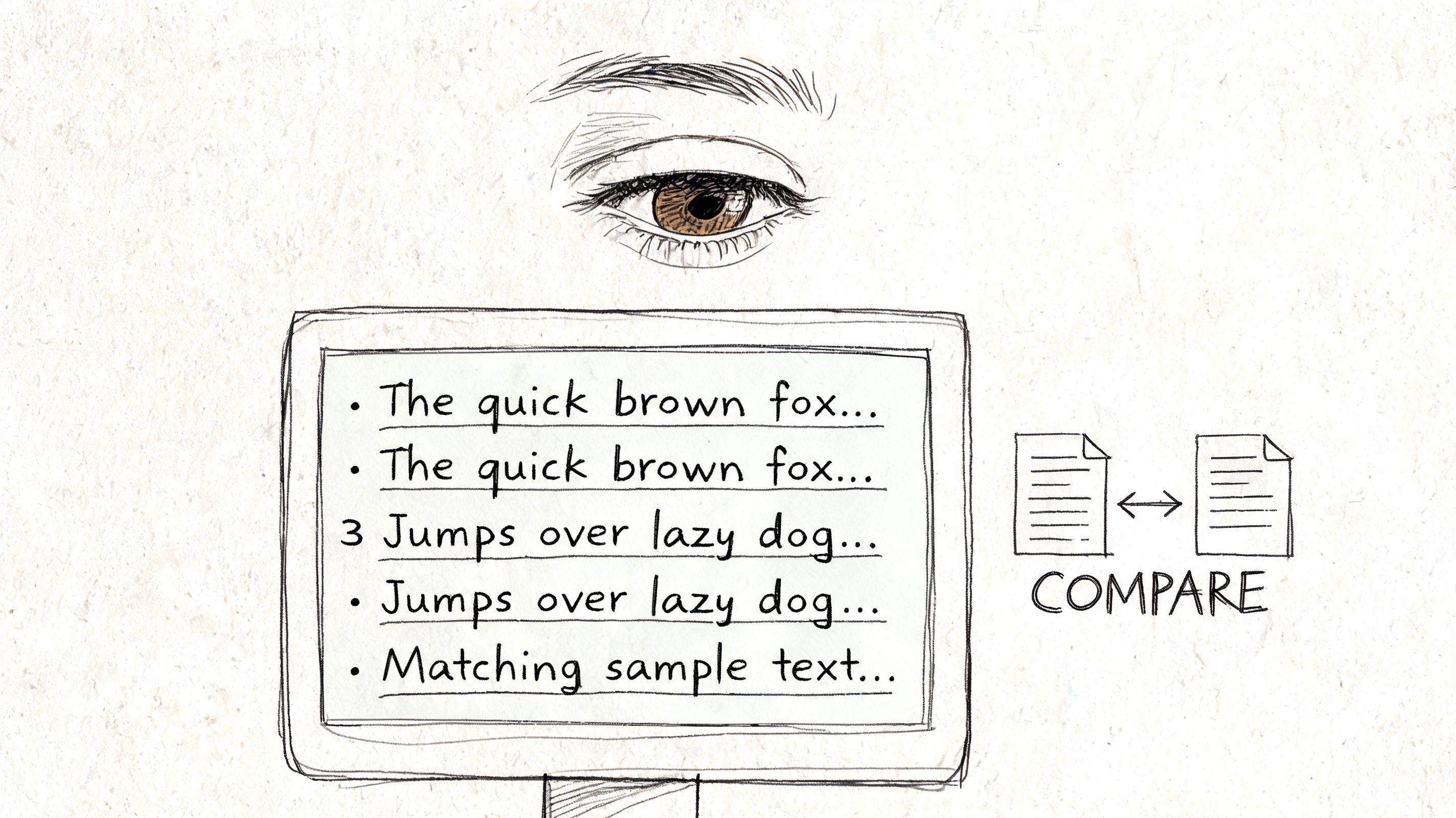 A hand-drawn illustration showing an eye watching a list of text samples with a document comparison icon.