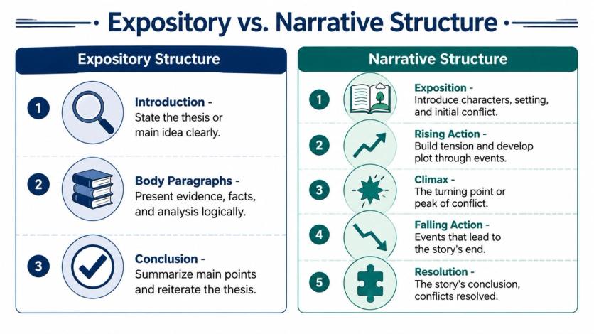 A comparison chart outlining the key differences between expository writing structure and narrative story structure.