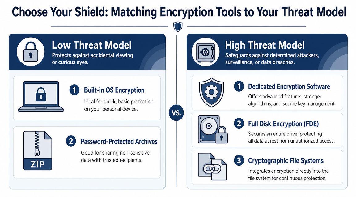 A comparison chart showing encryption tools categorized into low threat models and high threat models for security.
