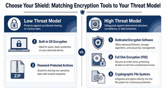 A comparison chart showing encryption tools categorized into low threat models and high threat models for security.