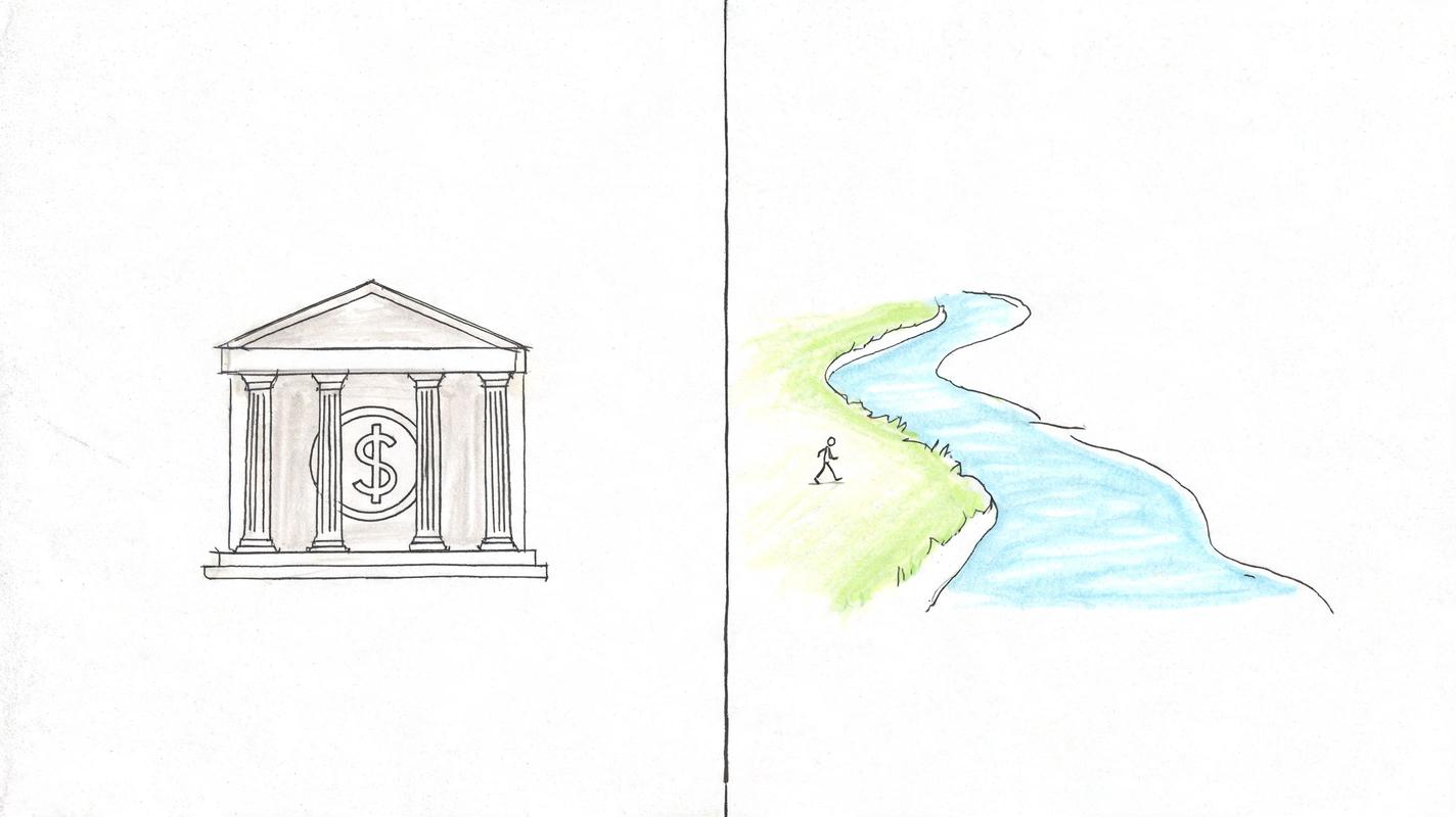 A split drawing showing a bank building on the left and a person walking by a river.