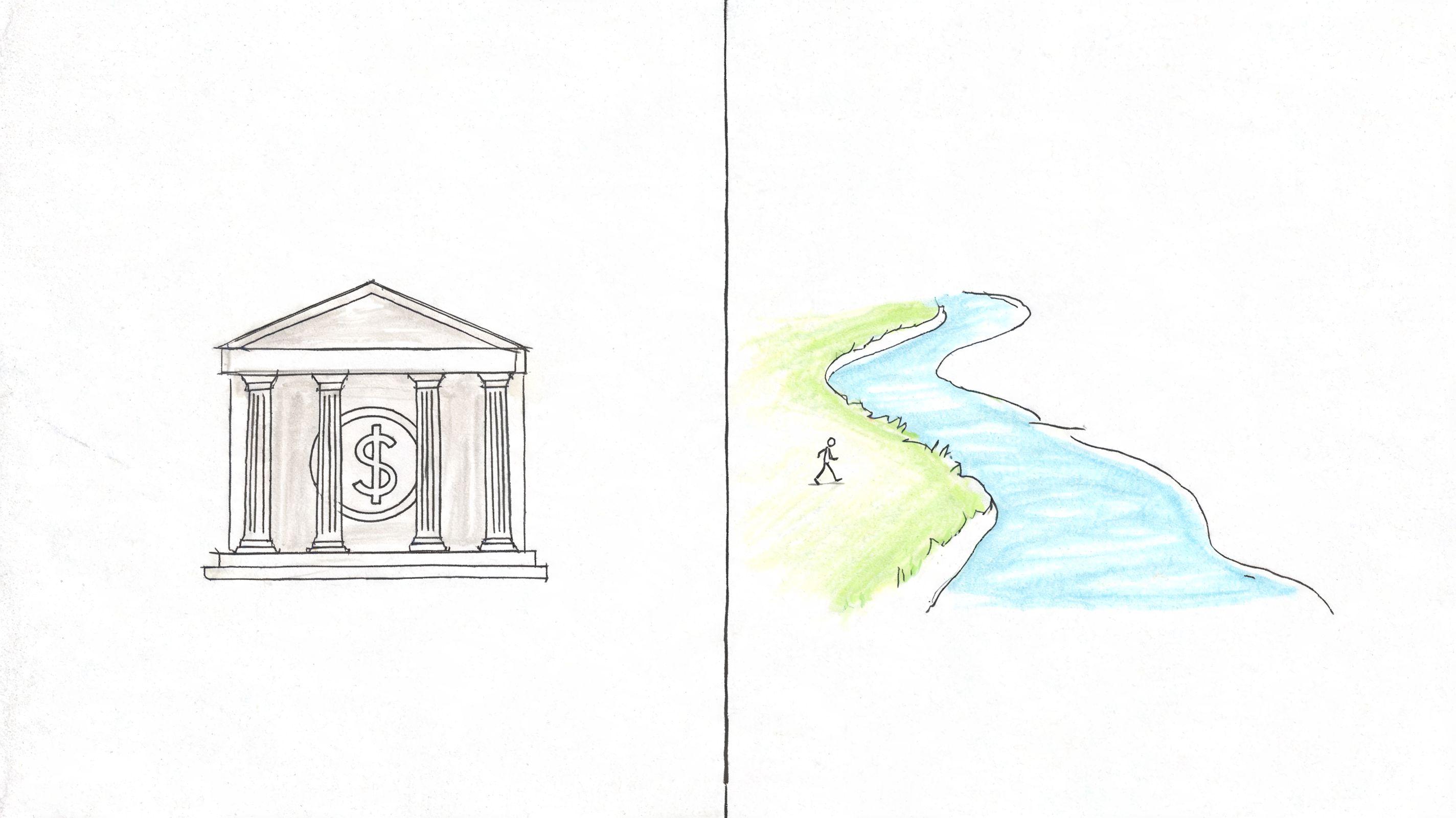 A split drawing showing a bank building on the left and a person walking by a river.
