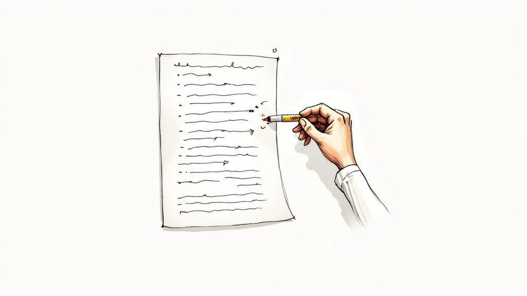 Hand holding pencil writing notes on paper with bullet points and arrows for comprehension